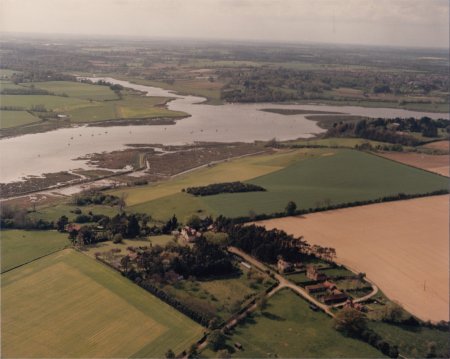 Aerial view looking towards Kyson Point. Martlesham Creek goes off to the left and the entrance to Woodbridge pool is on the right.