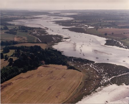 Aerial view looking down river from above the bank opposite Kyson Point.