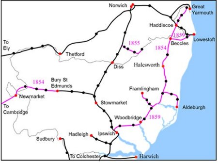 Map of rail network in Suffolk in 1859