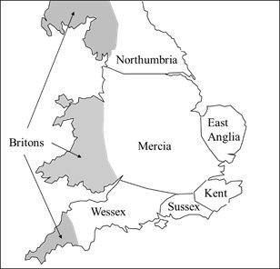 Map showing The seven Anglo Saxon kingdoms in UK