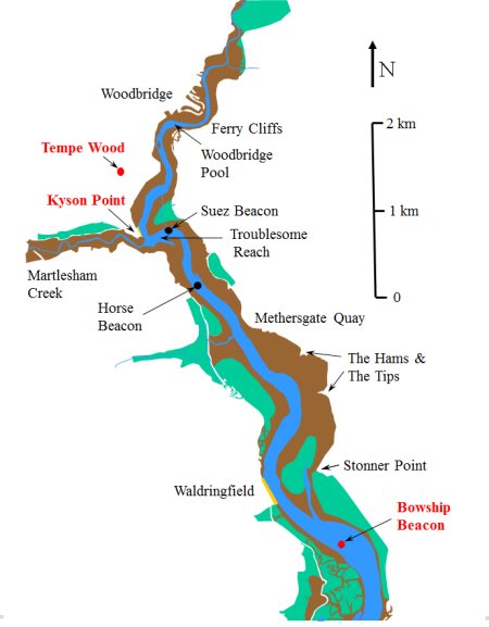 Maps of North Woodbridge Deben estuary, showing low and high tide