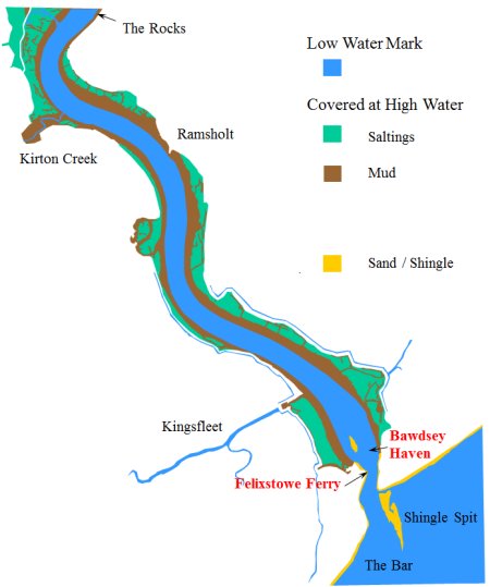 Maps of South Woodbridge Deben estuary, showing low and high tide