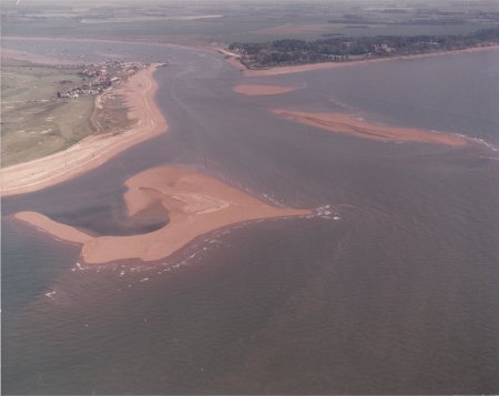 Aerial view of the shingle banks which line the entrance to the Deben estuary.