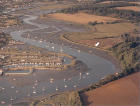Aerial view of the Deben river from the tide mill yacht harbour to the bridge at Melton