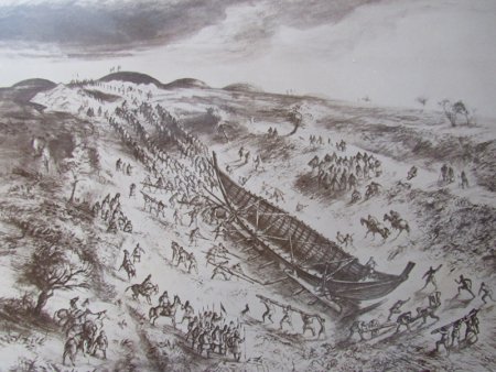 Artists impression of the burial boat being hauled up the hillside by people