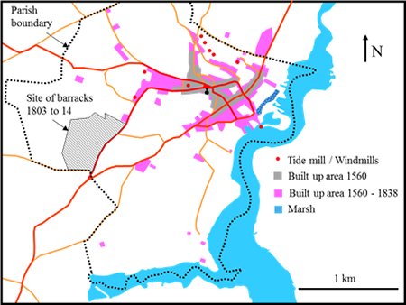 Map showing developed areas in 1560 and 1838