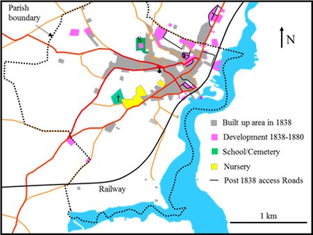 Map showing developed areas in 1838 and 1880