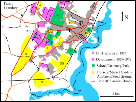 Map showing developed areas in 1925 and 1958