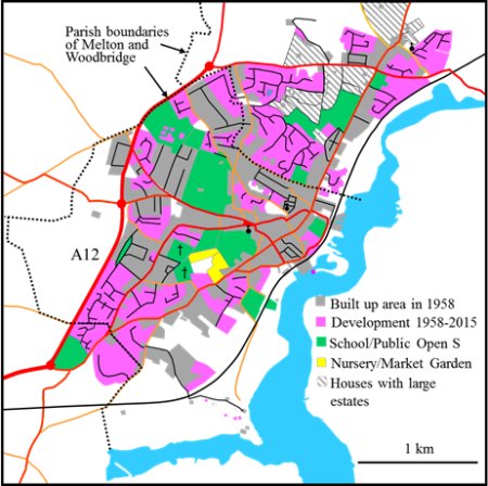 Map showing developed areas in 1958 and 2015