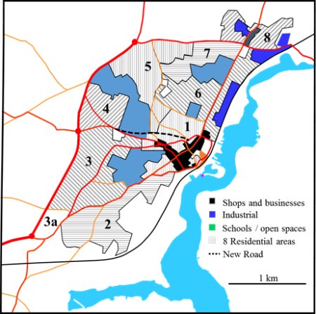 Map showing planning zones in the town