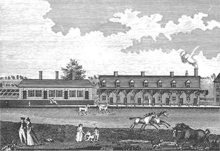 Engraving of houses with lawn and horses