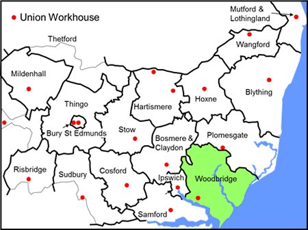 Map of Suffolk with Woodbridge highlighted