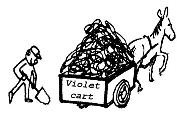 Drawing of person with spade, horse and violet cart