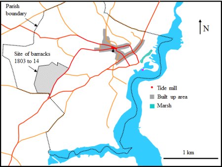 Map showing barracks near town