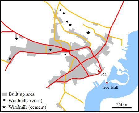 Map showing windmill locations in 1838