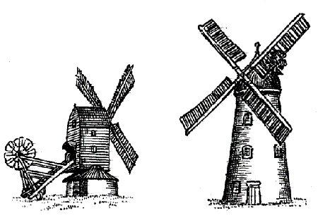 Drawings of a post mill and a tower mill