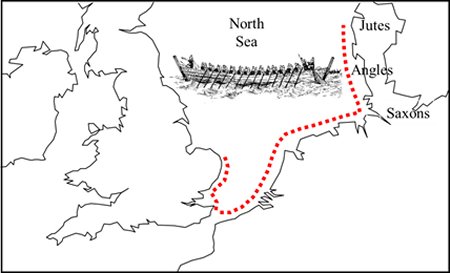 Map showing The coastal route taken by the Angles, Saxons and Jutes.
