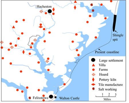 Map with pinpoints of Roman sites in Woodbridge area