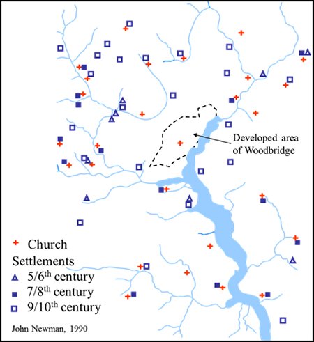 Map showing The Anglo Saxon churches and settlements around the upper part of the Deben estuary.