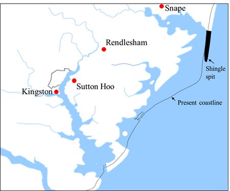 Map showing The locations of the four royal sites in South East Suffolk
